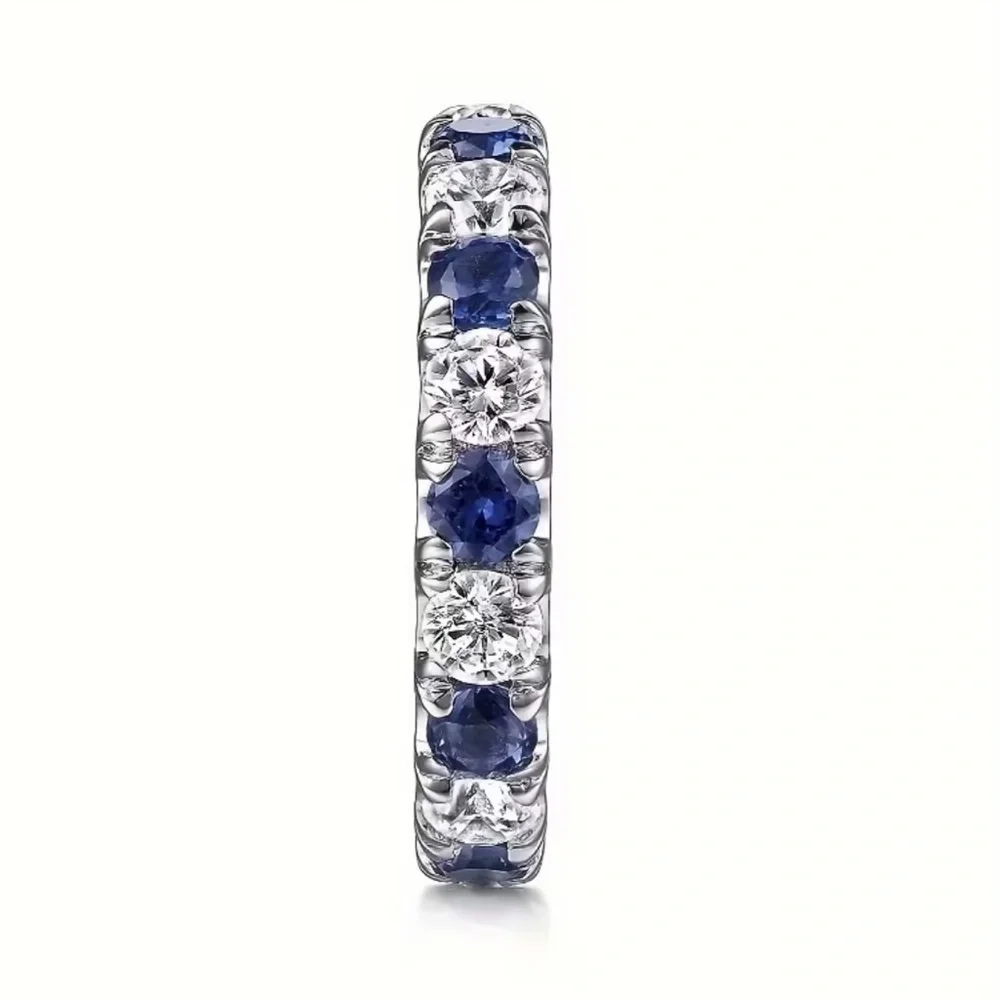 Silver White and Blue Sapphire Moissanite Gemstone Band Ring - Size 8